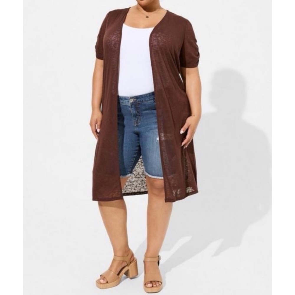 🆕 Duster Cardigan Ruched Short Sleeve 1 1X 14 16 NWT Torrid New Brown Sweater